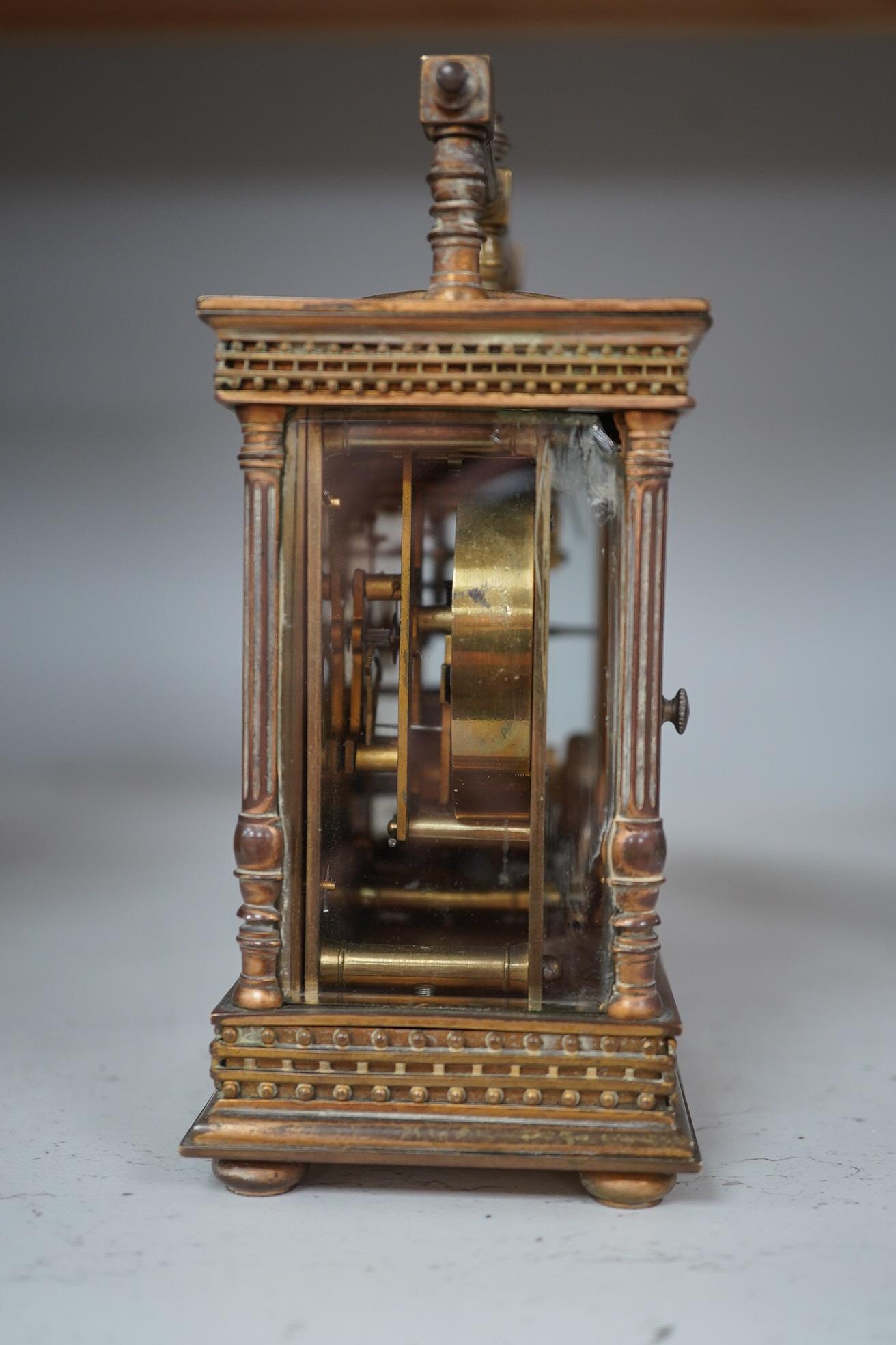 A French eight day carriage timepiece / barometer, retailed by Harrods, 16cm. Condition - fair, not tested